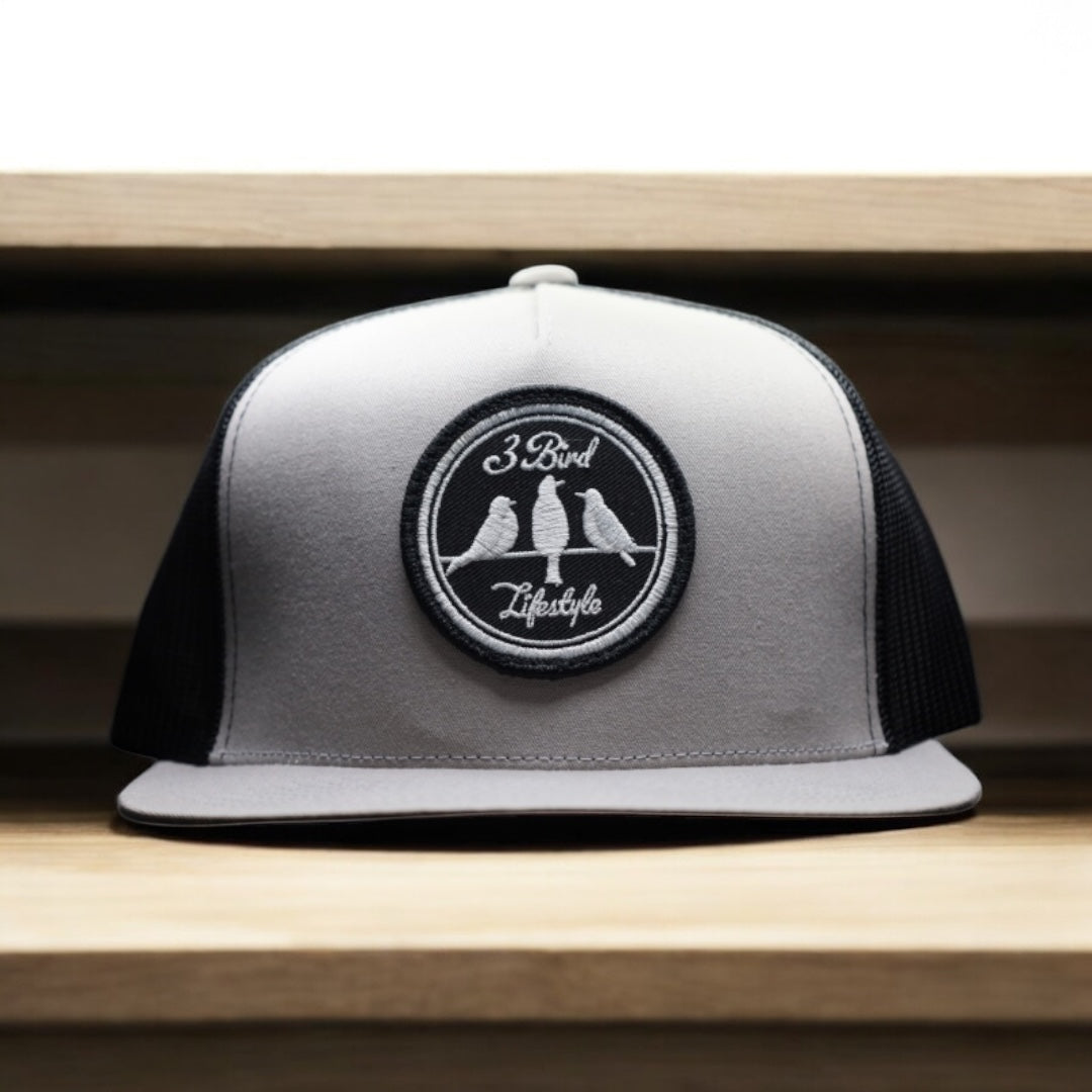 3 Bird Lifestyle Flat Bill Trucker • Silver & Black • 3 Bird Lifestyle Patch
