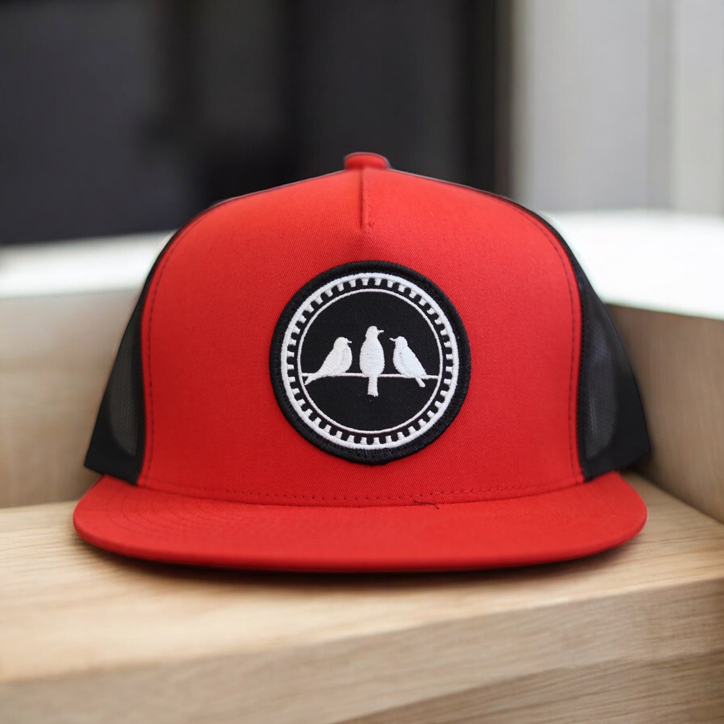 3 Bird Lifestyle Flat Bill Trucker • Red & Black • 3 Birds Only Patch