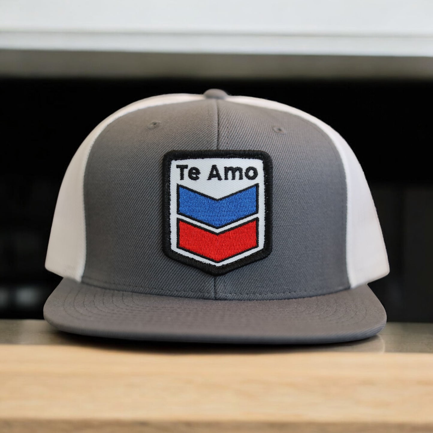 3 Bird Lifestyle Wool Blend Flat Bill Trucker • Grey & White • Te Amo (Blue and Red) Patch