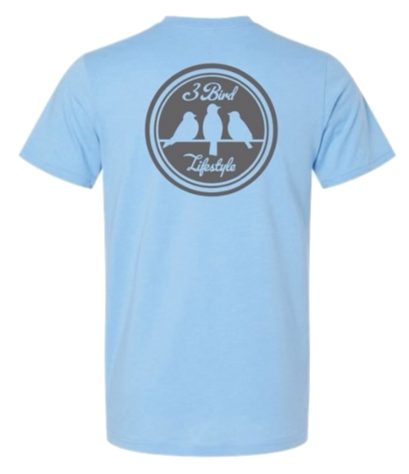 3 Bird Lifestyle T-Shirt • Be Good To People For No Reason • Light Blue & Charcoal
