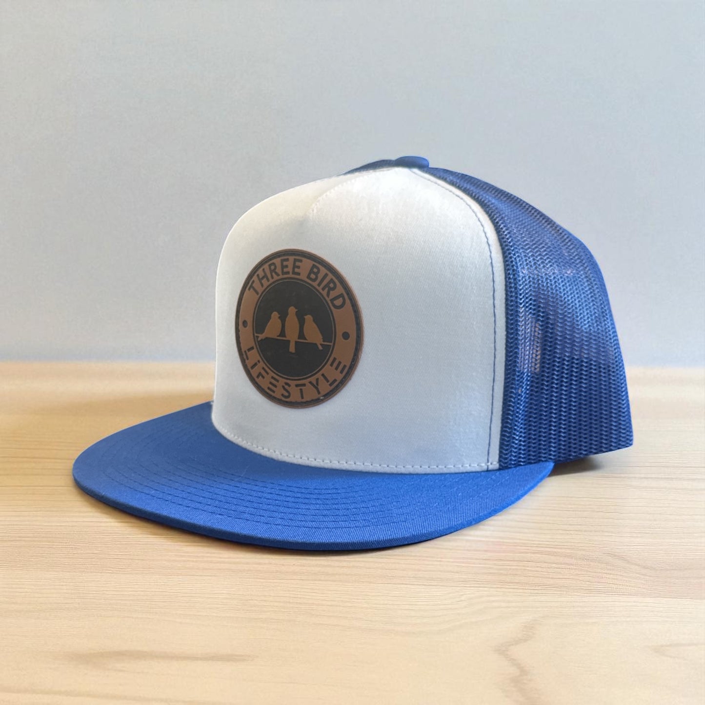 3 Bird Lifestyle Flat Bill Trucker • Royal Blue & White • 3 Bird Lifestyle Leather Patch