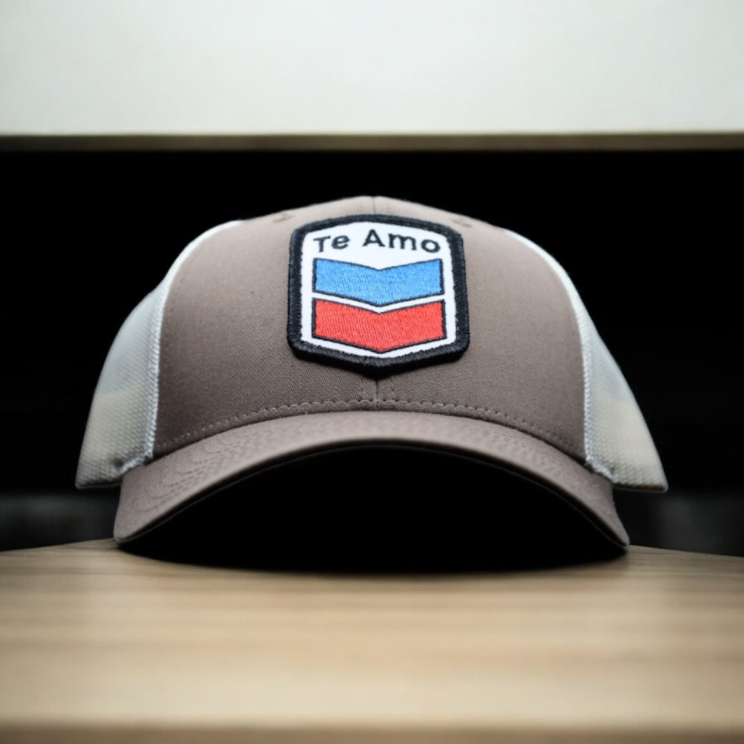 3 Bird Lifestyle Low Profile Trucker Hat • Brown/White • Te Amo( Blue & Red) Patch