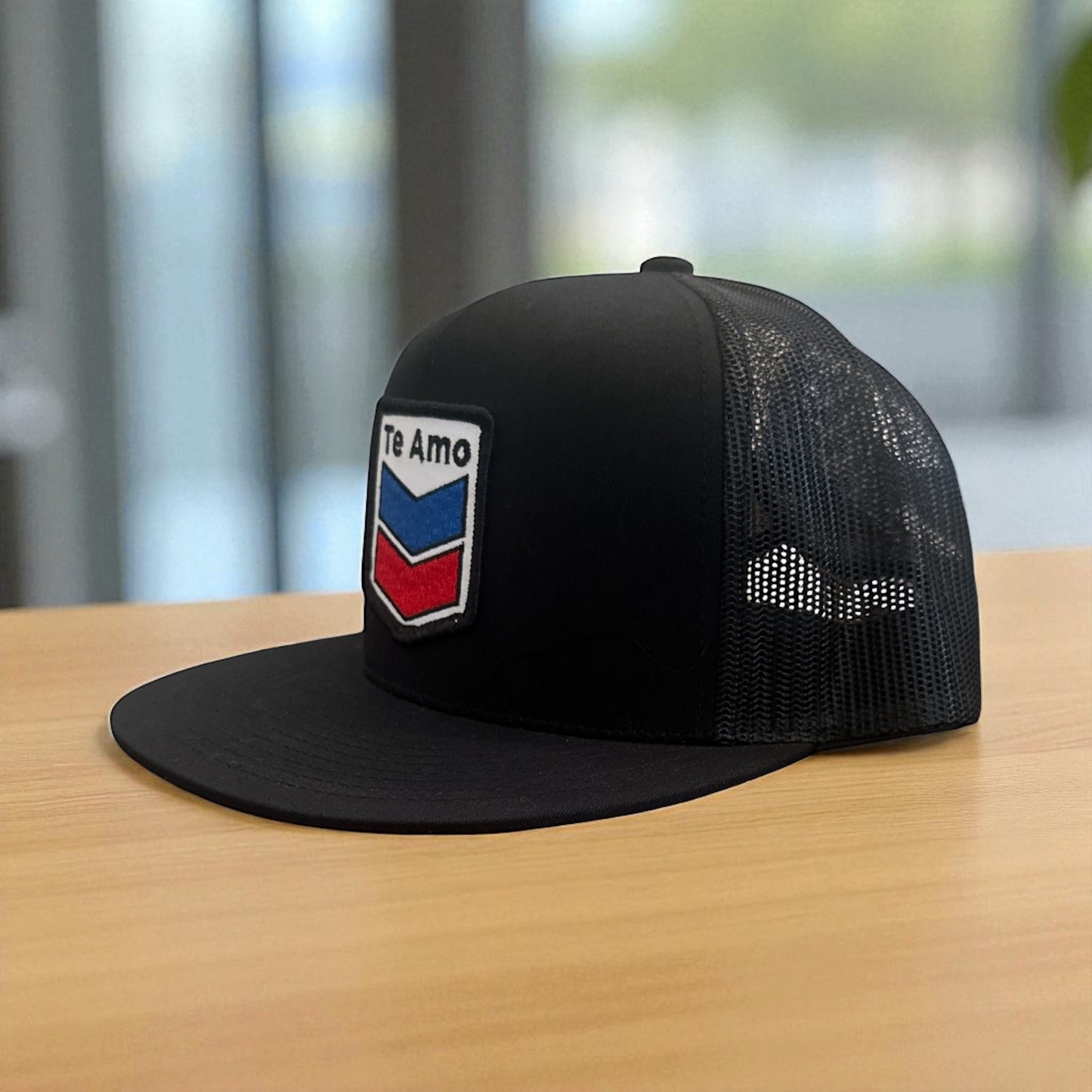3 Bird Lifestyle Flat Bill Trucker • Black • Te Amo (Blue and Red) Patch