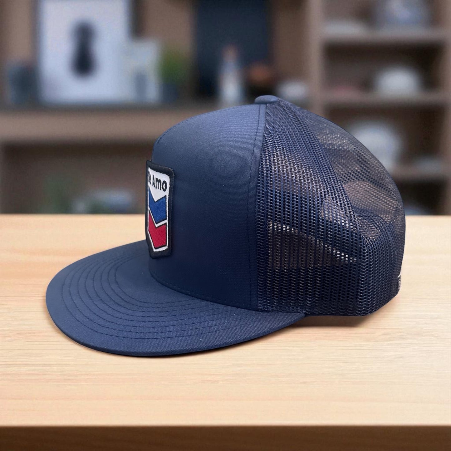 3 Bird Lifestyle Flat Bill Trucker • Navy • Te Amo (Blue & Red) Patch