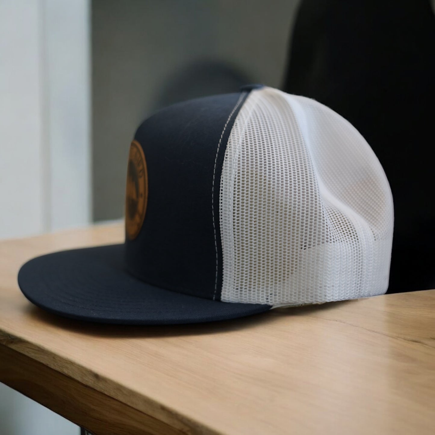 3 Bird Lifestyle Flat Bill Trucker • Navy & White • 3 Bird Lifestyle Leather Patch