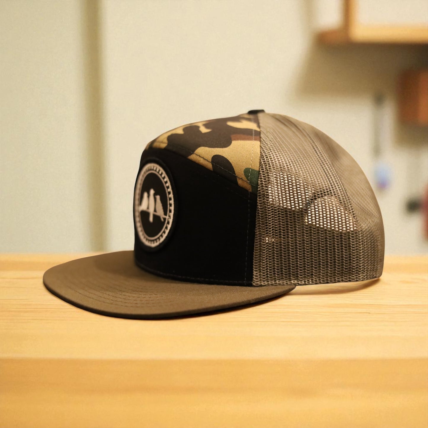 3 Bird Lifestyle Seven-Panel Trucker •Black & Camo & Loden • 3 Birds Only Patch