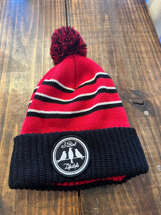 3 Bird Lifestyle • Red/ Black/ White • Stripe Cuffed Pom Beanie