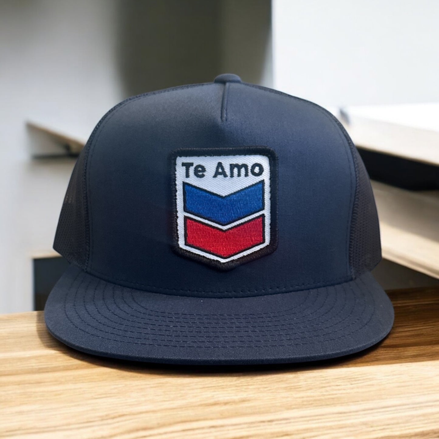 3 Bird Lifestyle Flat Bill Trucker • Navy • Te Amo (Blue & Red) Patch