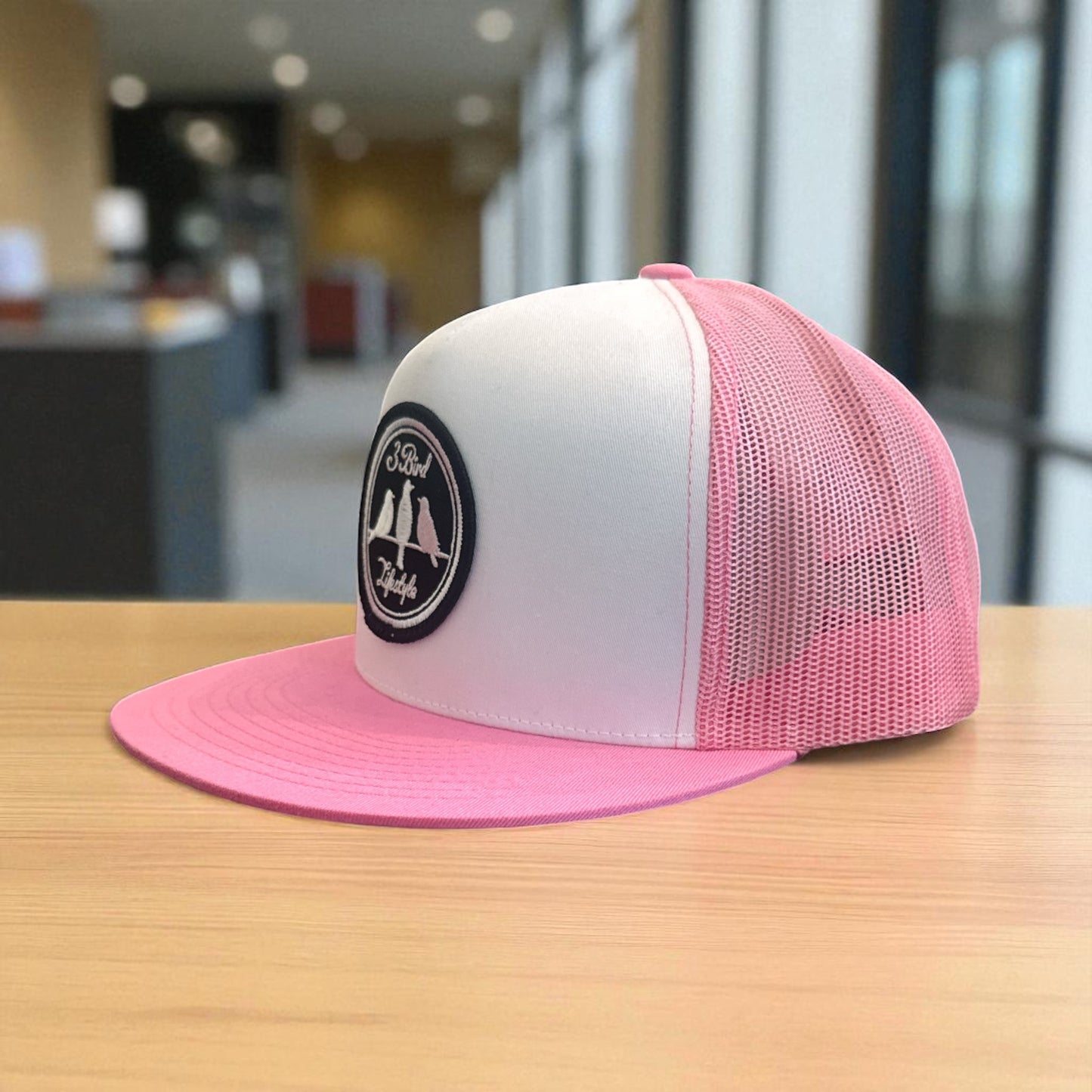 3 Bird Lifestyle Flat Bill Trucker •Pink & White• 3 Bird Lifestyle Patch