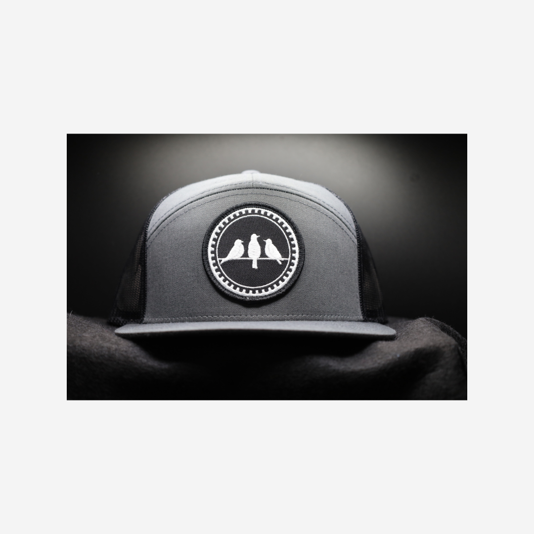 3 Bird Lifestyle Seven-Panel Trucker • Charcoal & Black • 3 Birds Only Patch