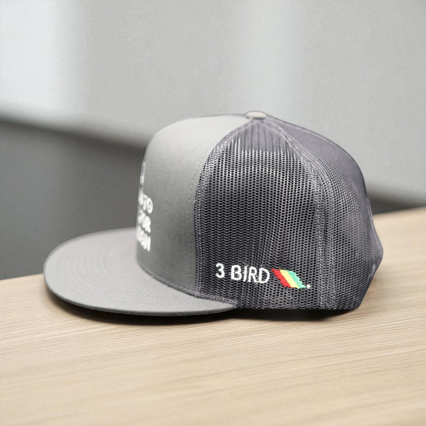 3 Bird Lifestyle Flat Bill Trucker • Charcoal• Be Good To People For No Reason Embroidered