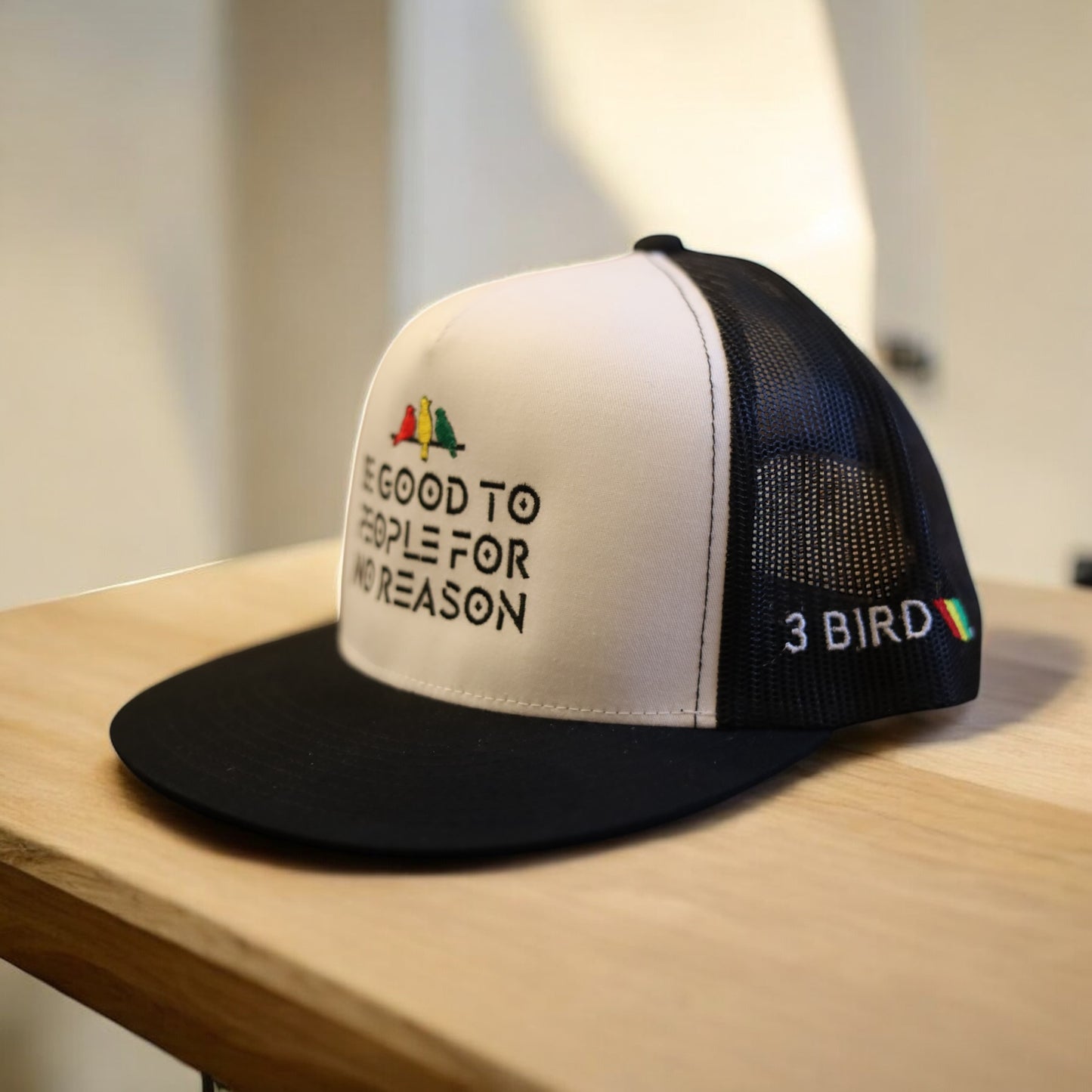 3 Bird Lifestyle Flat Bill Trucker • White & Black• Be Good To People For No Reason • Rasta Birds