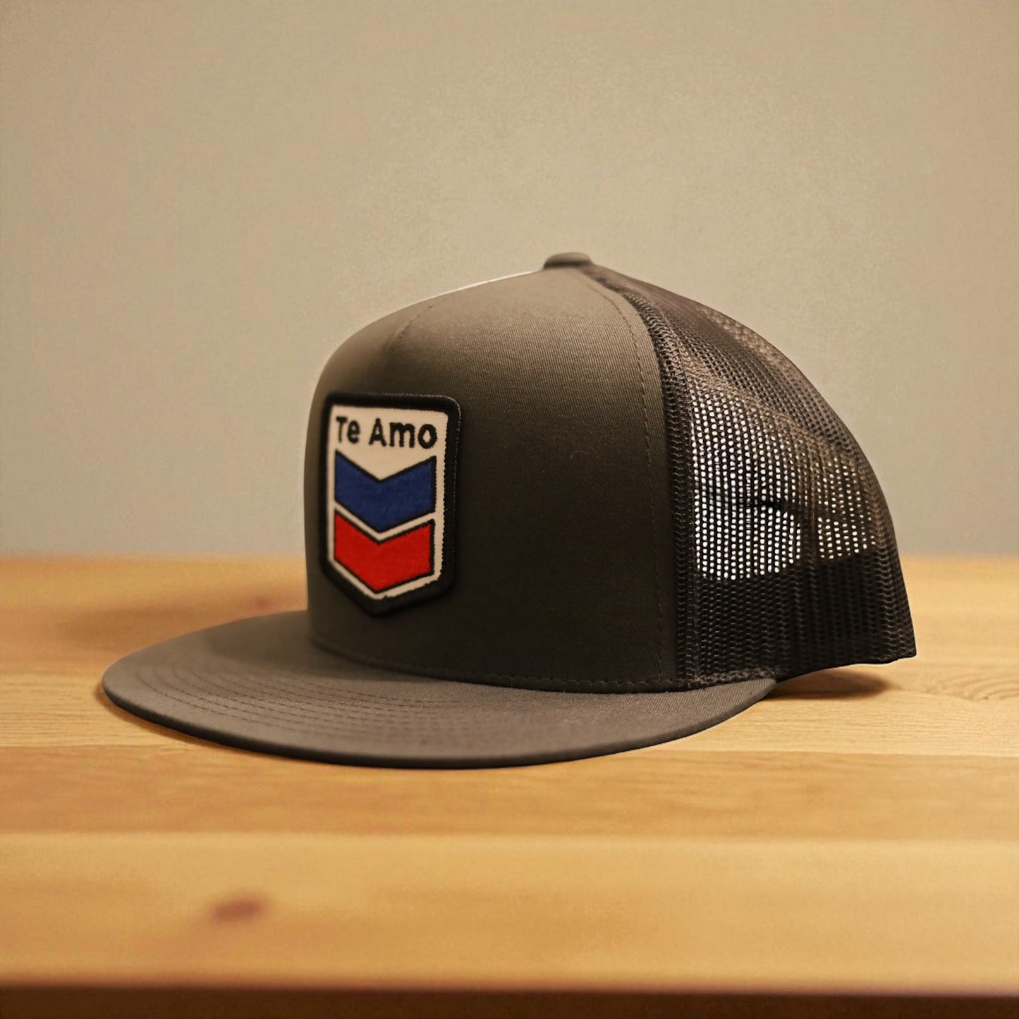 3 Bird Lifestyle Flat Bill Trucker • Charcoal • Te Amo (Blue & Red) Patch