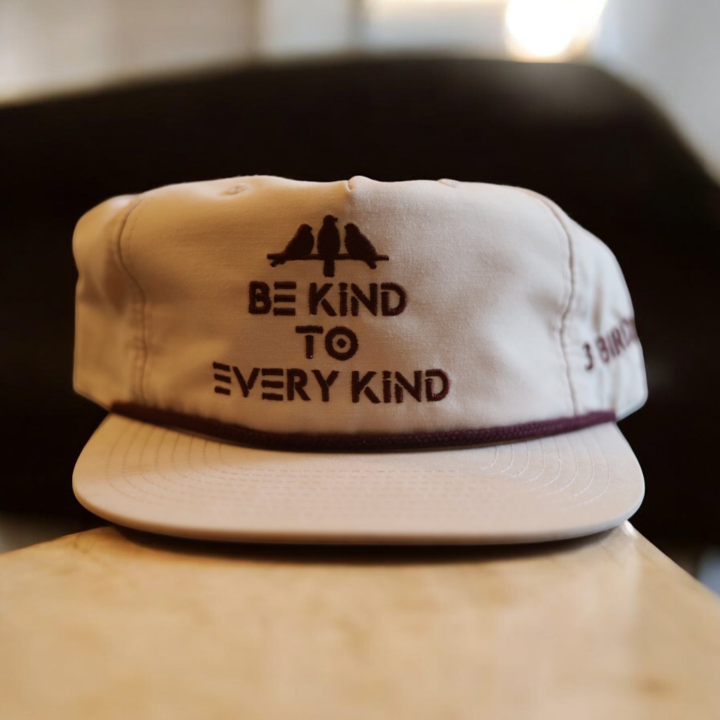 3 Bird Lifestyle Grandpa Rope Hat • Pale Peach with Maroon Rope • Be Kind To Every Kind