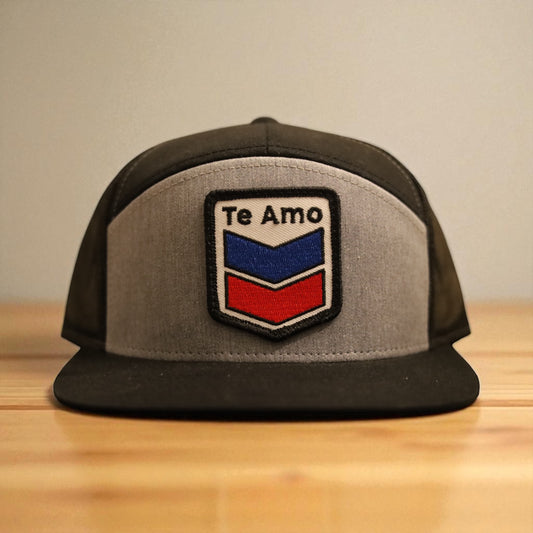 3 Bird Lifestyle Seven-Panel Trucker  • Heather Grey & Black• Te Amo (Blue & Red) Patch