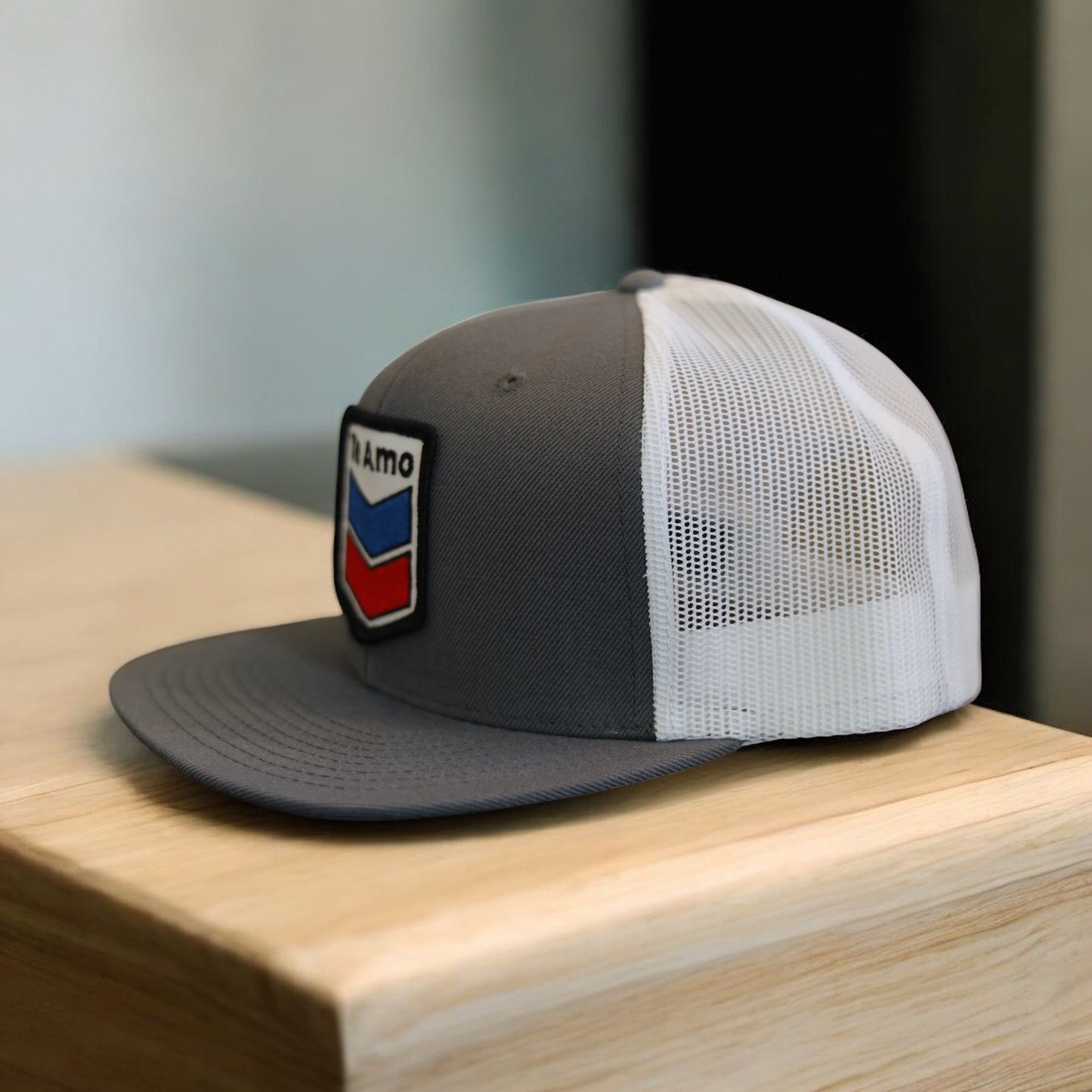 3 Bird Lifestyle Wool Blend Flat Bill Trucker • Grey & White • Te Amo (Blue and Red) Patch