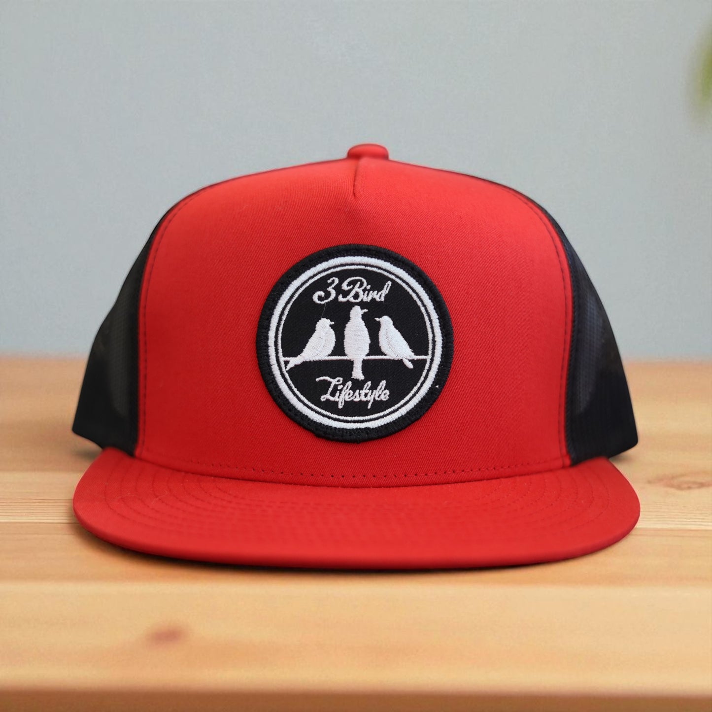 3 Bird Lifestyle Flat Bill Trucker• Red & Black • 3 Bird Lifestyle Patch