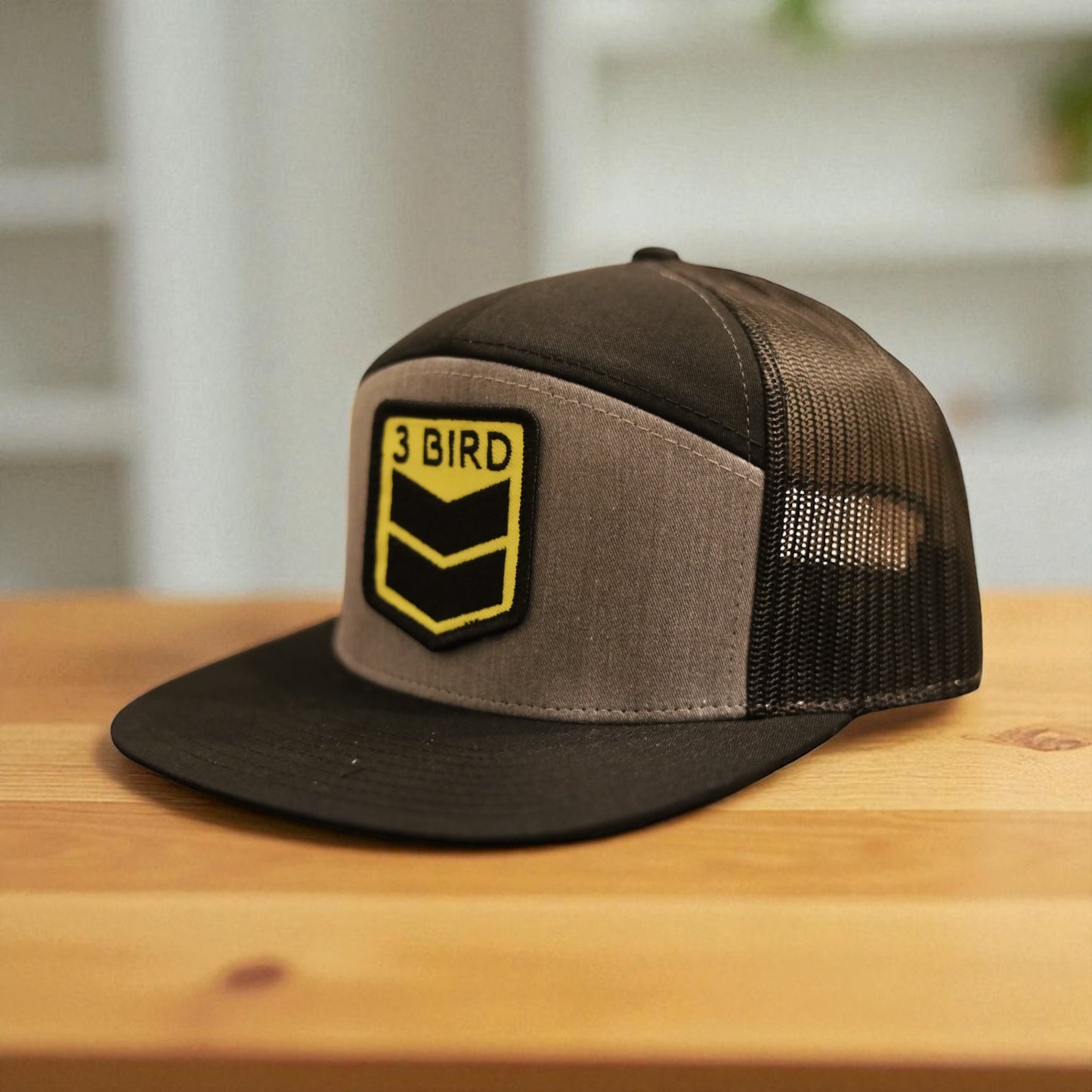 Seven-Panel Trucker • Heather Grey & Black• 3 Bird Patch