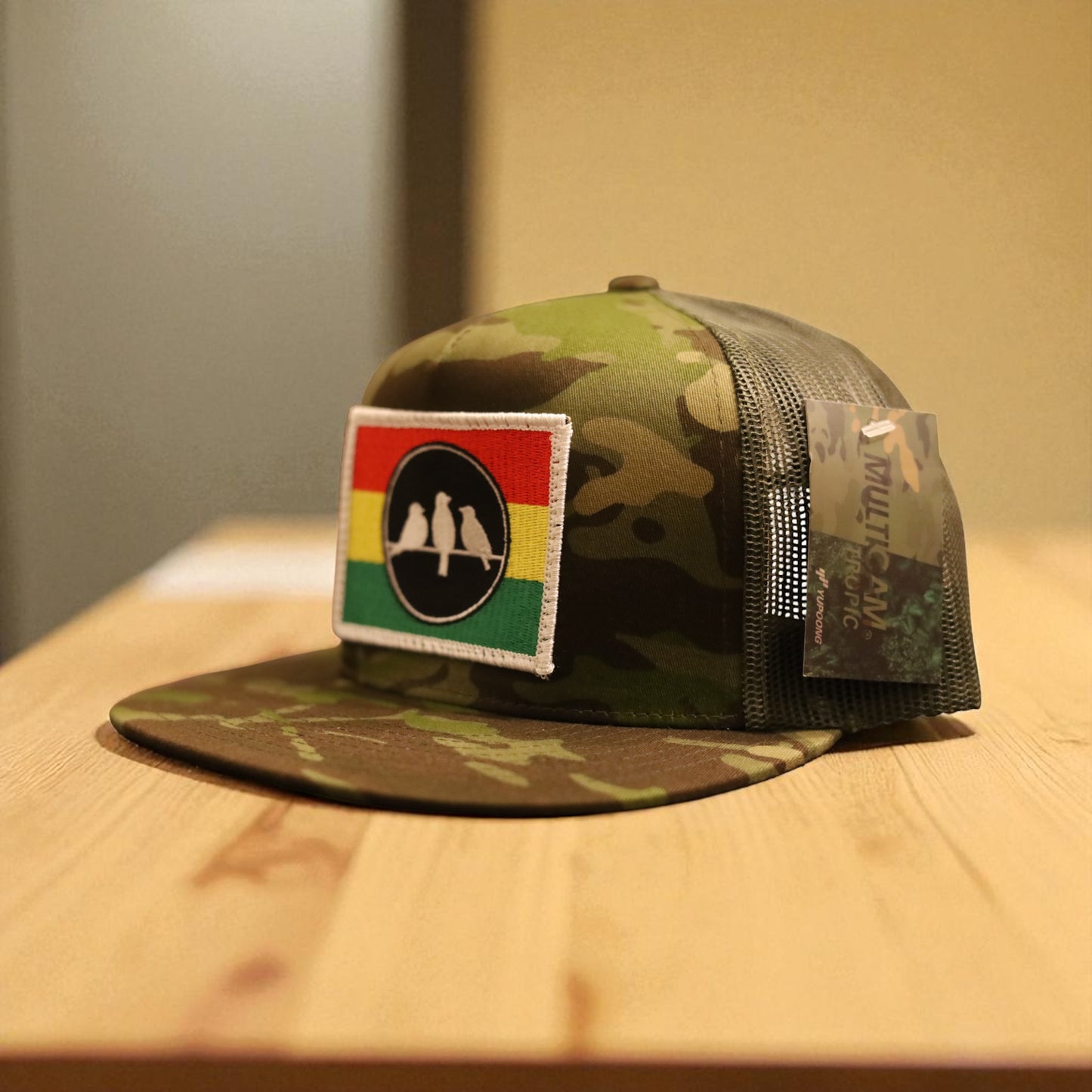 3 Bird Lifestyle Flat Bill Trucker • Multicam Tropic & Green • 3 Bird Rasta Flag Patch