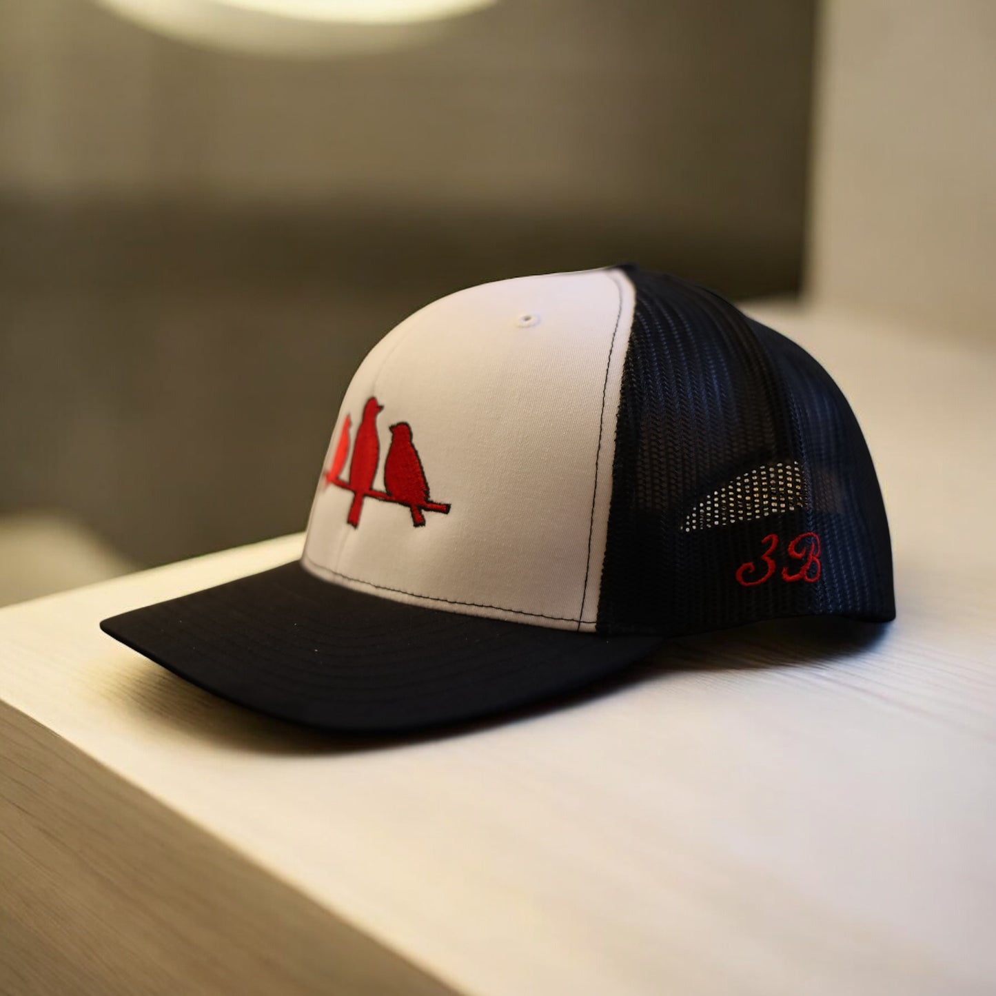 3 Bird Lifestyle Trucker Hat • White / Black • Embroidered Red Birds
