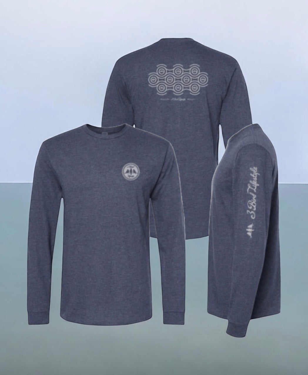 3 Bird Lifestyle Long Sleeve T-Shirt • Perpetual Motion• Heather Denim & Silver