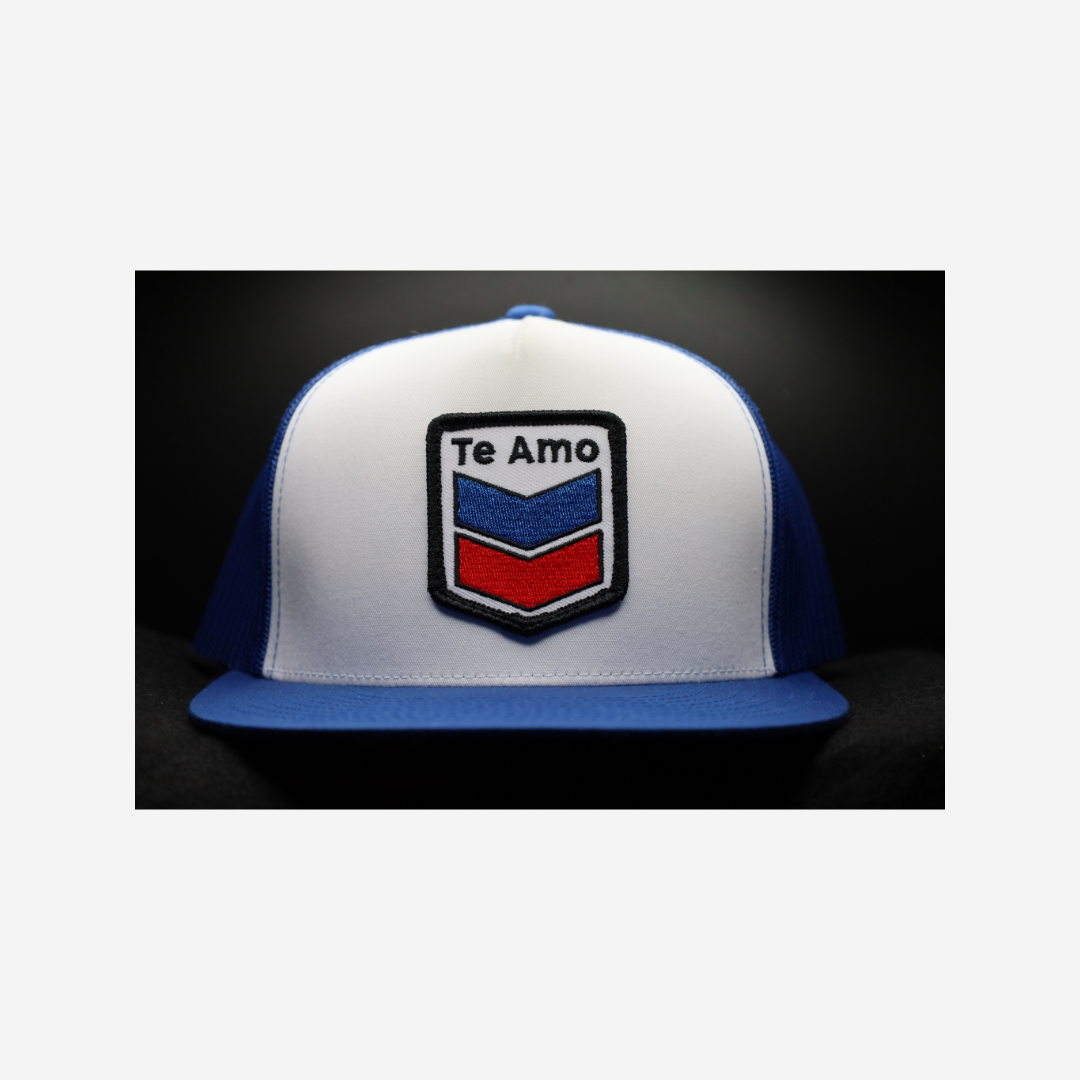 3 Bird Lifestyle Flat Bill Trucker• Royal Blue & White • Te Amo (Blue and Red) Patch