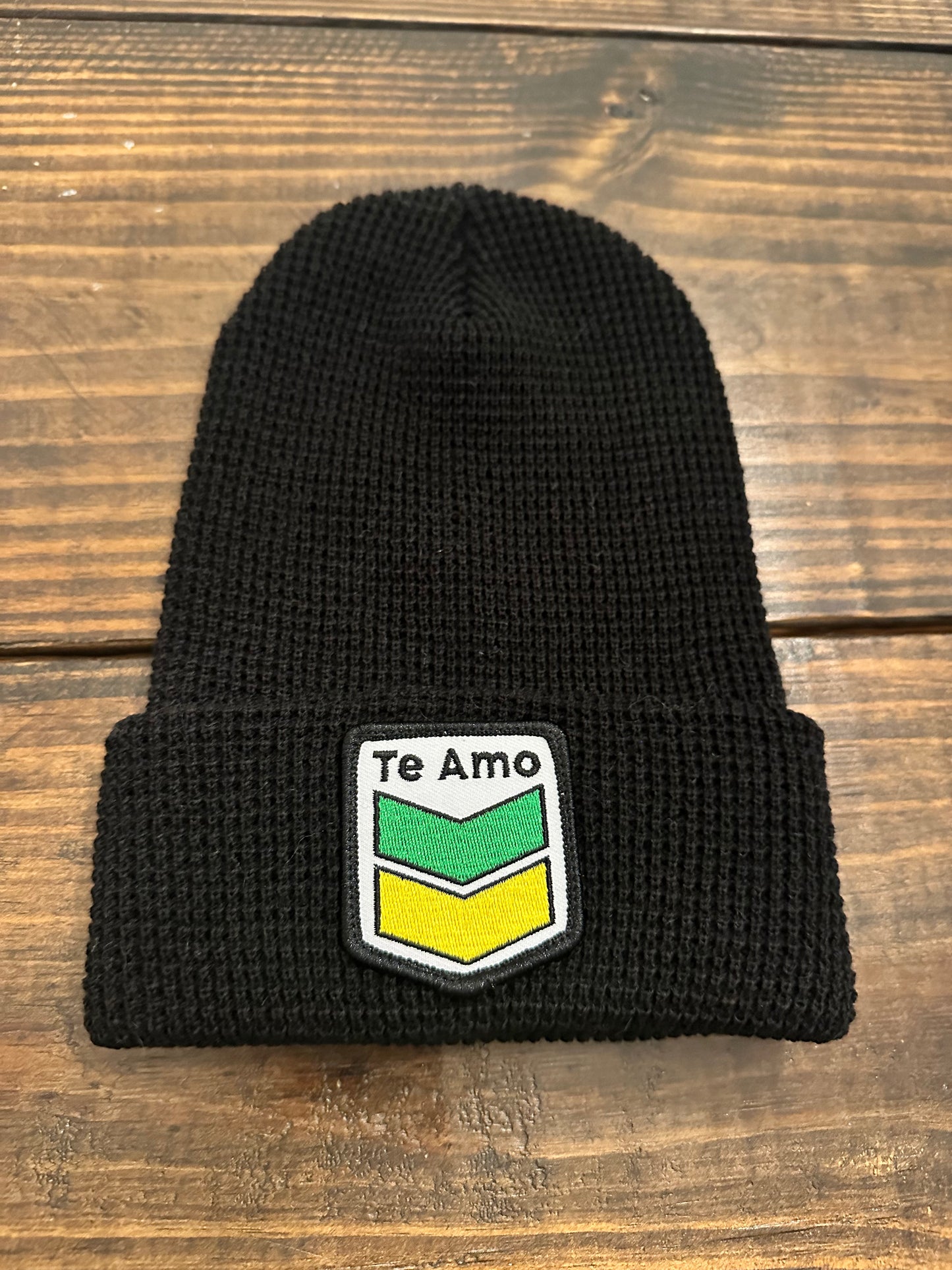 3 Bird Lifestyle • Black Waffle Cuffed Beanie • Te Amo (Jamaica) Patch