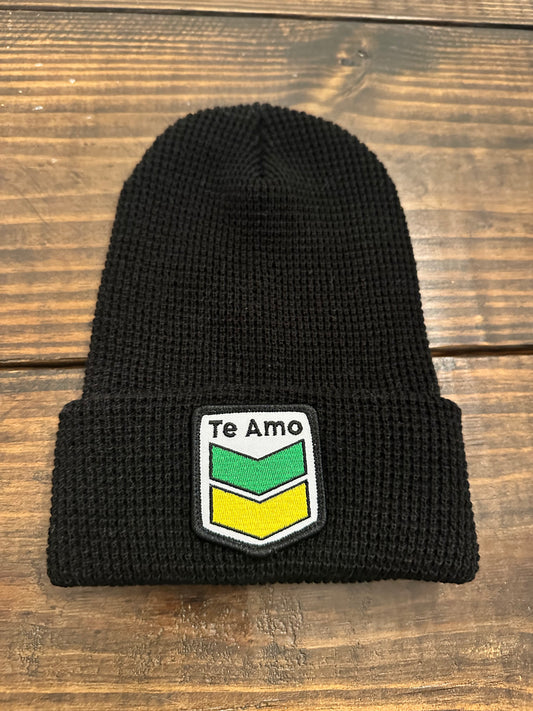 3 Bird Lifestyle • Black Waffle Cuffed Beanie • Te Amo (Jamaica) Patch