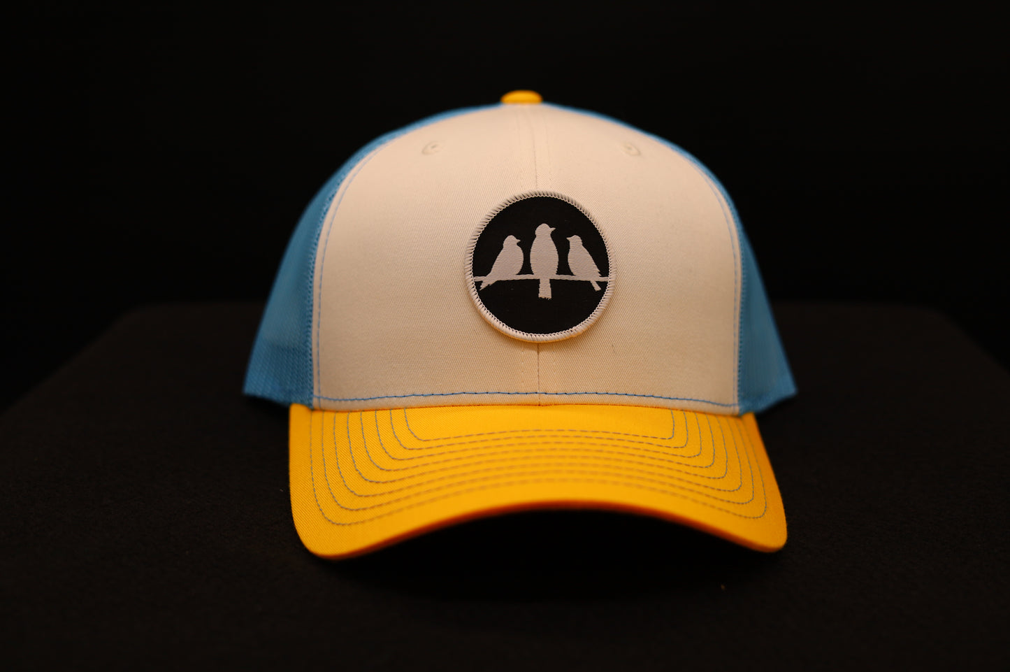 3 Bird Lifestyle Trucker Hat • White & Columbia Blue & Yellow • Birds Only Small Patch