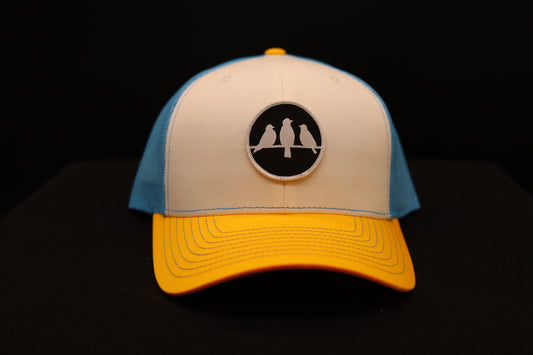3 Bird Lifestyle Trucker Hat • White & Columbia Blue & Yellow • Birds Only Small Patch