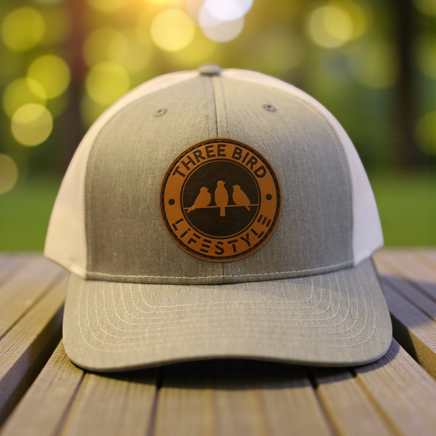 3 Bird Lifestyle Trucker Hat • Light Grey & White • Leather Patch 3 Bird Lifestyle