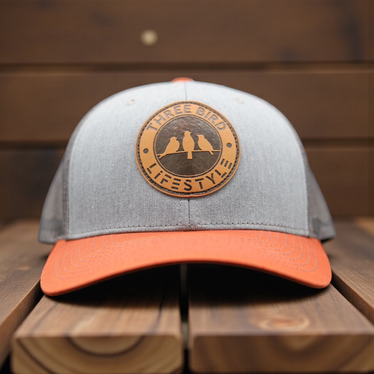 3 Bird Lifestyle Trucker Hat •Heather Grey & Charcoal & Dark Orange • 3 Bird Lifestyle Patch