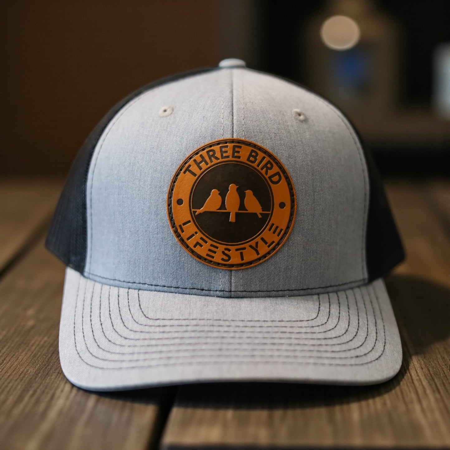 3 Bird Lifestyle Trucker Hat • Grey & Black • Leather Patch 3 Bird Lifestyle