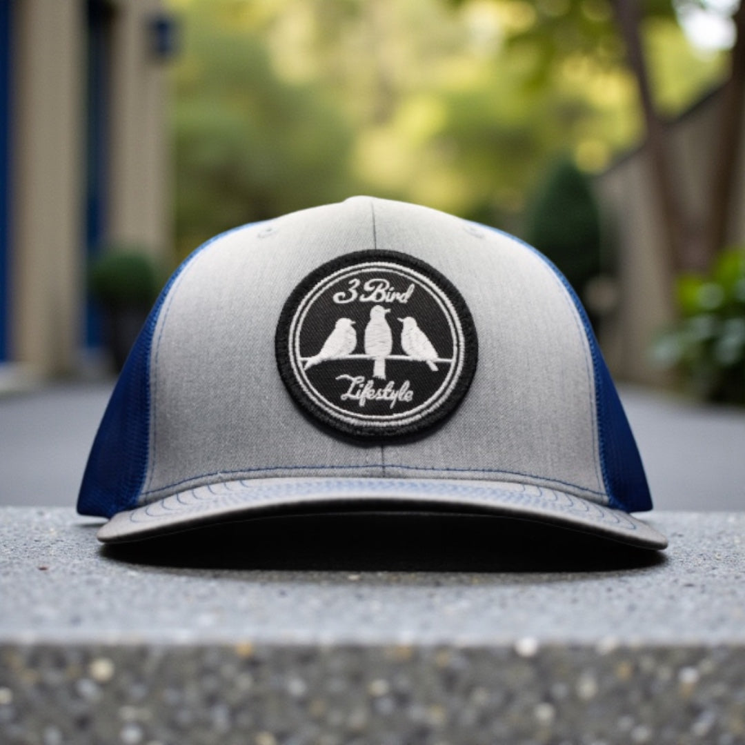 3 Bird Lifestyle Trucker Hat • Heather Grey & Royal Blue • 3 Birds Lifestyle Patch