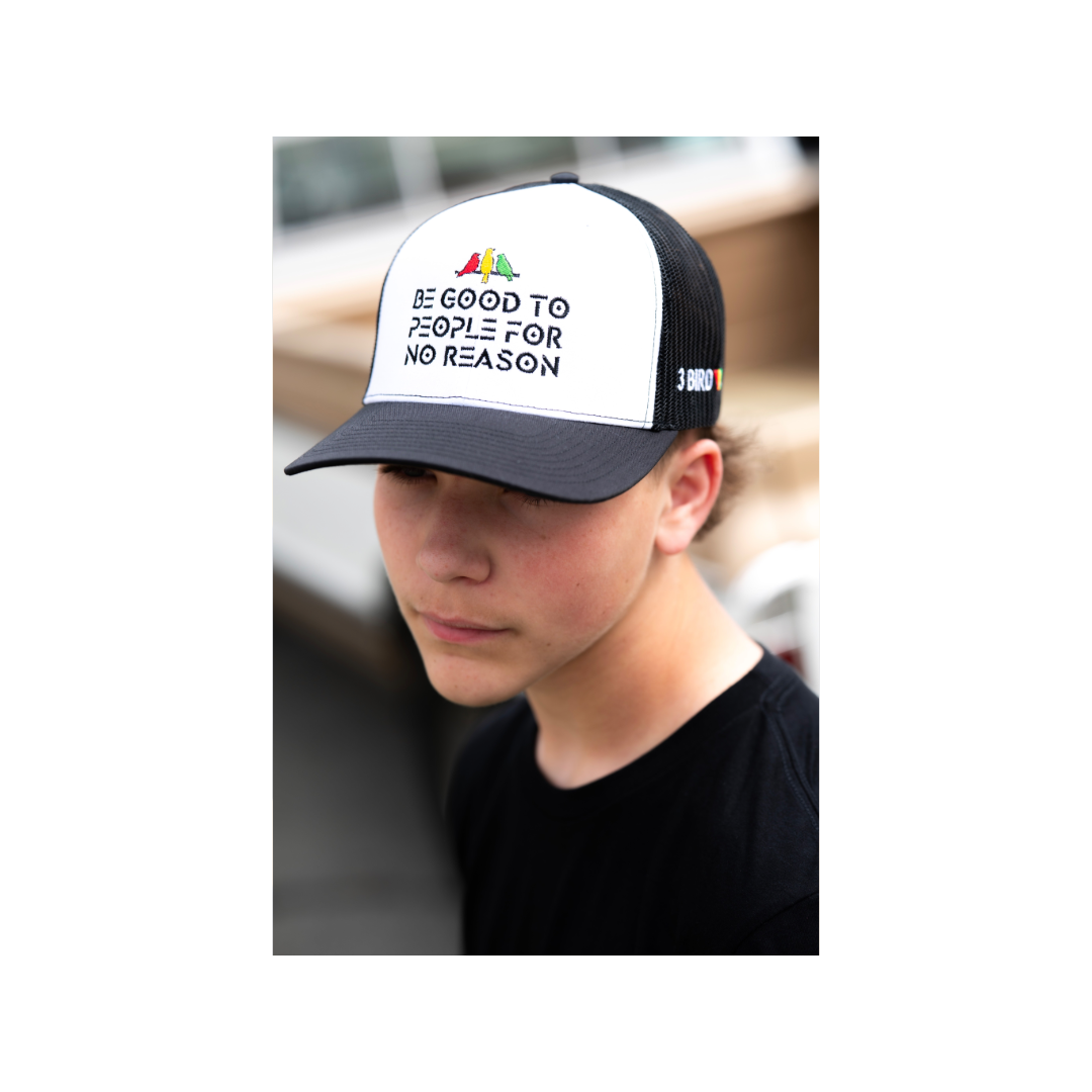 3 Bird Lifestyle Trucker Hat • White & Black• Be Good To People For No Reason