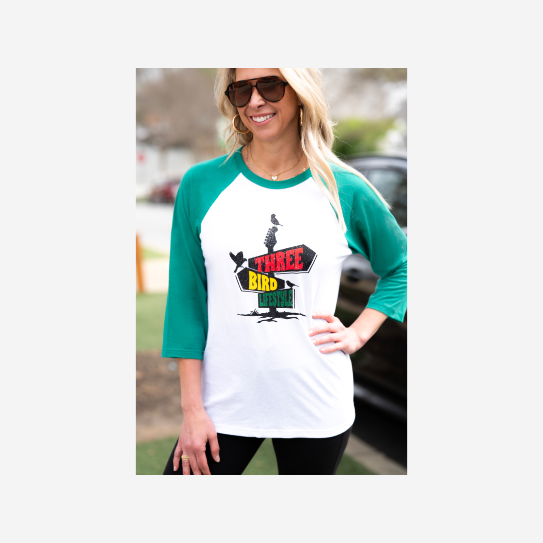 3 Bird Lifestyle Raglan • Three-Quarter Sleeve Baseball Tee • Green & White