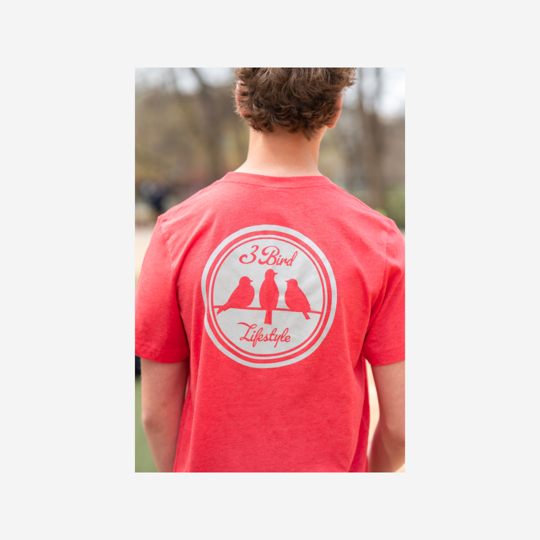 3 Bird Lifestyle T-Shirt • Be Good To People For No Reason • Red & Silver