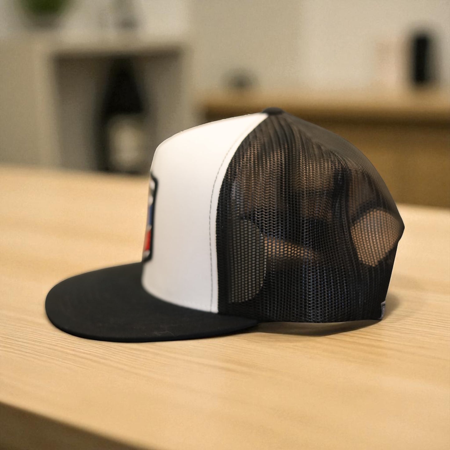 3 Bird Lifestyle Flat Bill Trucker • Black & White • Te Amo (Blue & Red) Patch