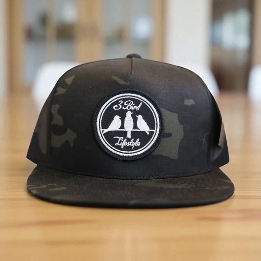 3 Bird Lifestyle Flat Bill Trucker •Multicam Black & Black • 3 Bird Lifestyle Patch