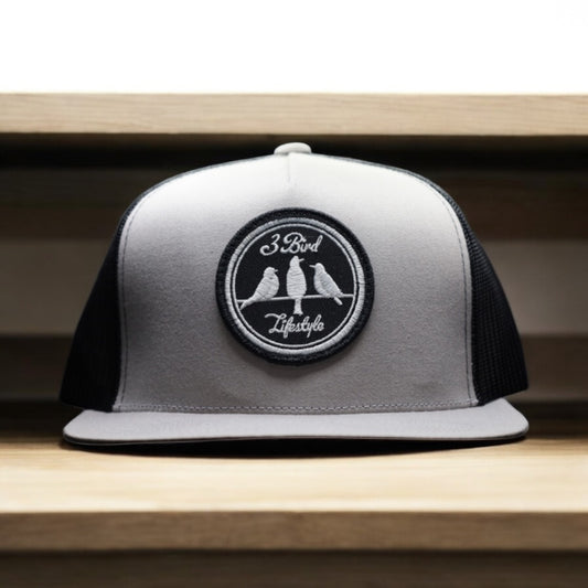 3 Bird Lifestyle Flat Bill Trucker • Silver & Black • 3 Bird Lifestyle Patch