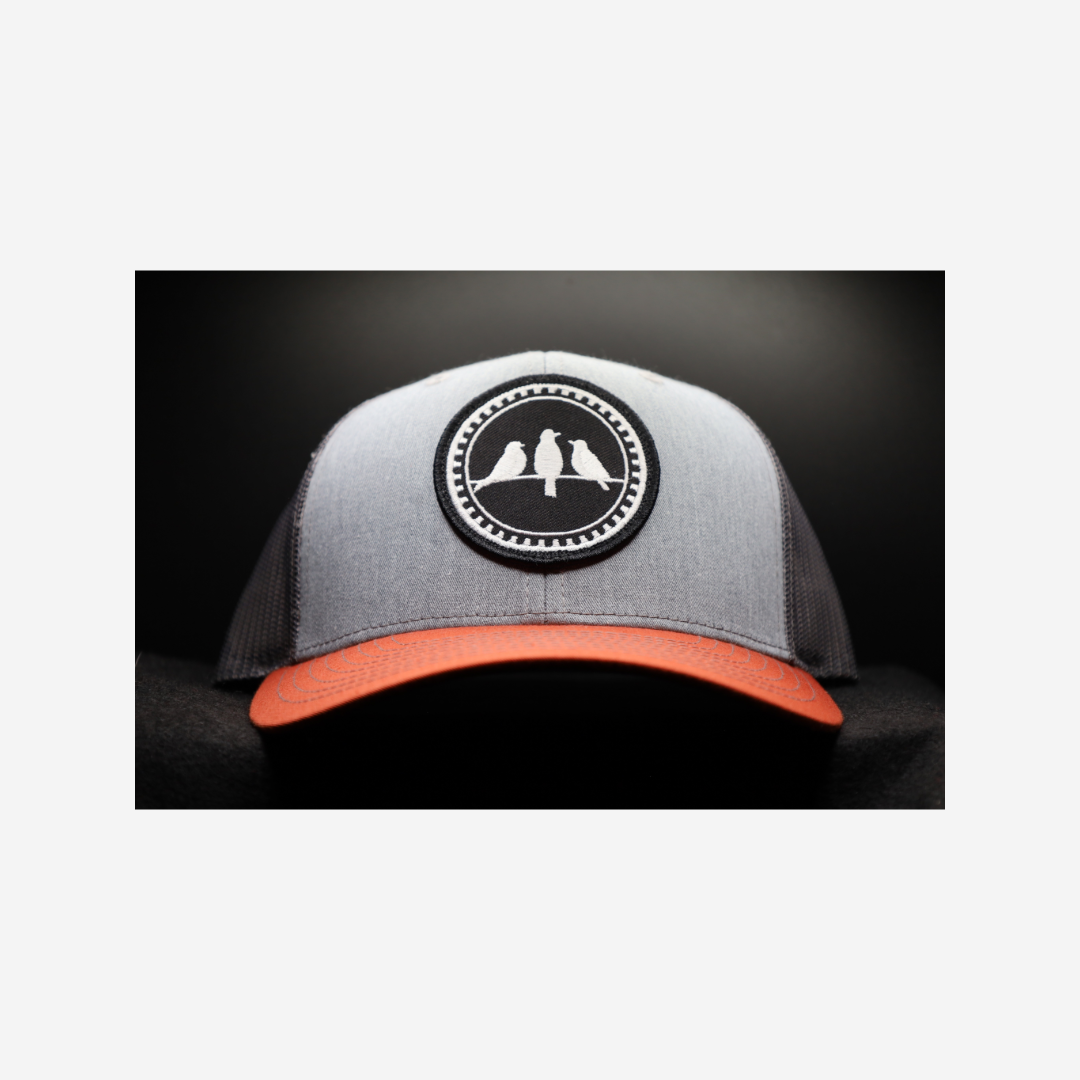 3 Bird Lifestyle Trucker Hat •Heather Grey & Charcoal & Dark Orange • 3 Birds Only Patch