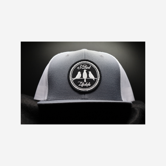 3 Bird Lifestyle Wool Blend Flat Bill Trucker • Grey & White • 3 Bird Lifestyle Patch