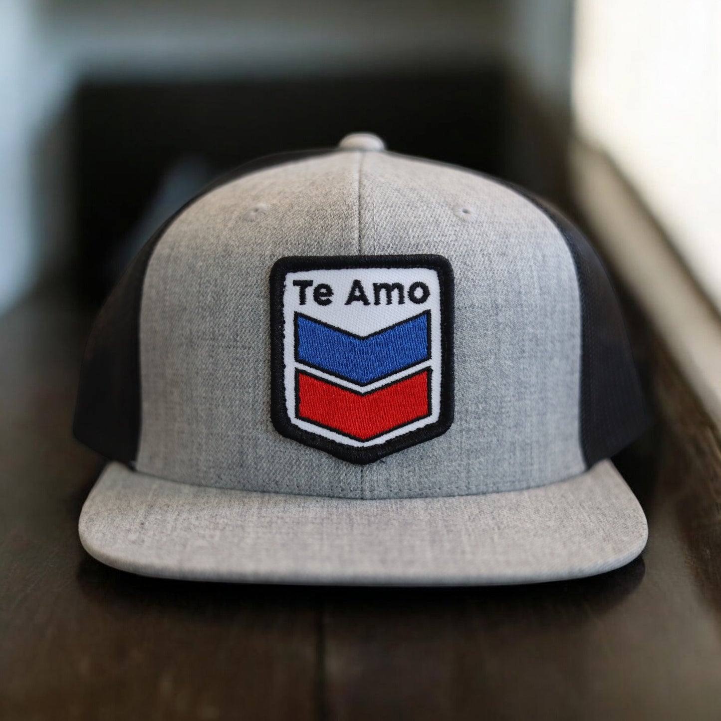 3 Bird Lifestyle Wool Blend Flat Bill Trucker • Heather Grey & Black • Te Amo (Blue and Red) Patch
