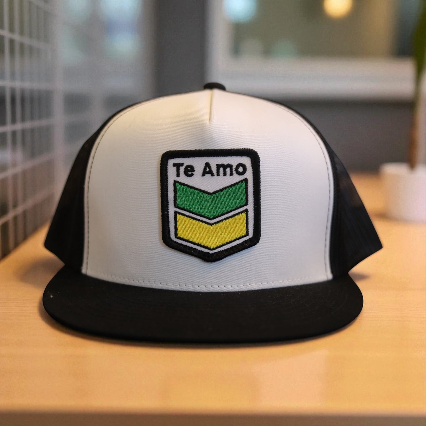 3 Bird Lifestyle Flat Bill Trucker • Black & White • Te Amo (Jamaica) Patch