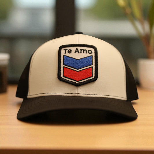3 Bird Lifestyle Trucker Hat • White / Black • Te Amo (Blue & Red) Patch
