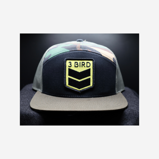 3 Bird Lifestyle Seven-Panel Trucker 
 •Black & Camo & Loden • 3 Bird Patch