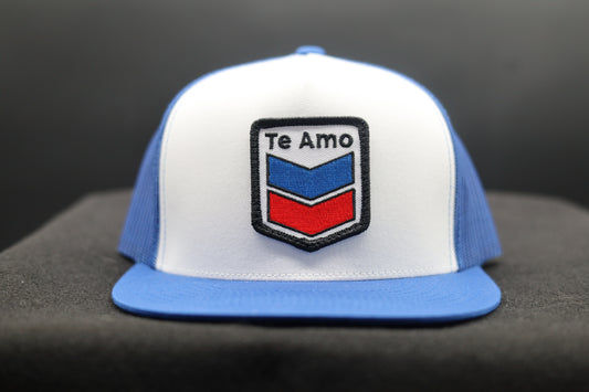 Old School Flat Bill Trucker • Blue & White • Te Amo (Blue and Red) Patch