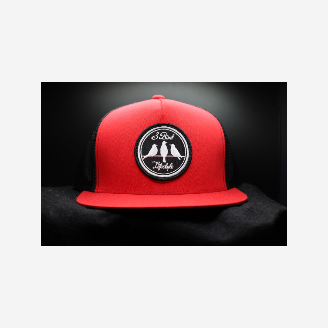 3 Bird Lifestyle Flat Bill Trucker• Red & Black • 3 Bird Lifestyle Patch