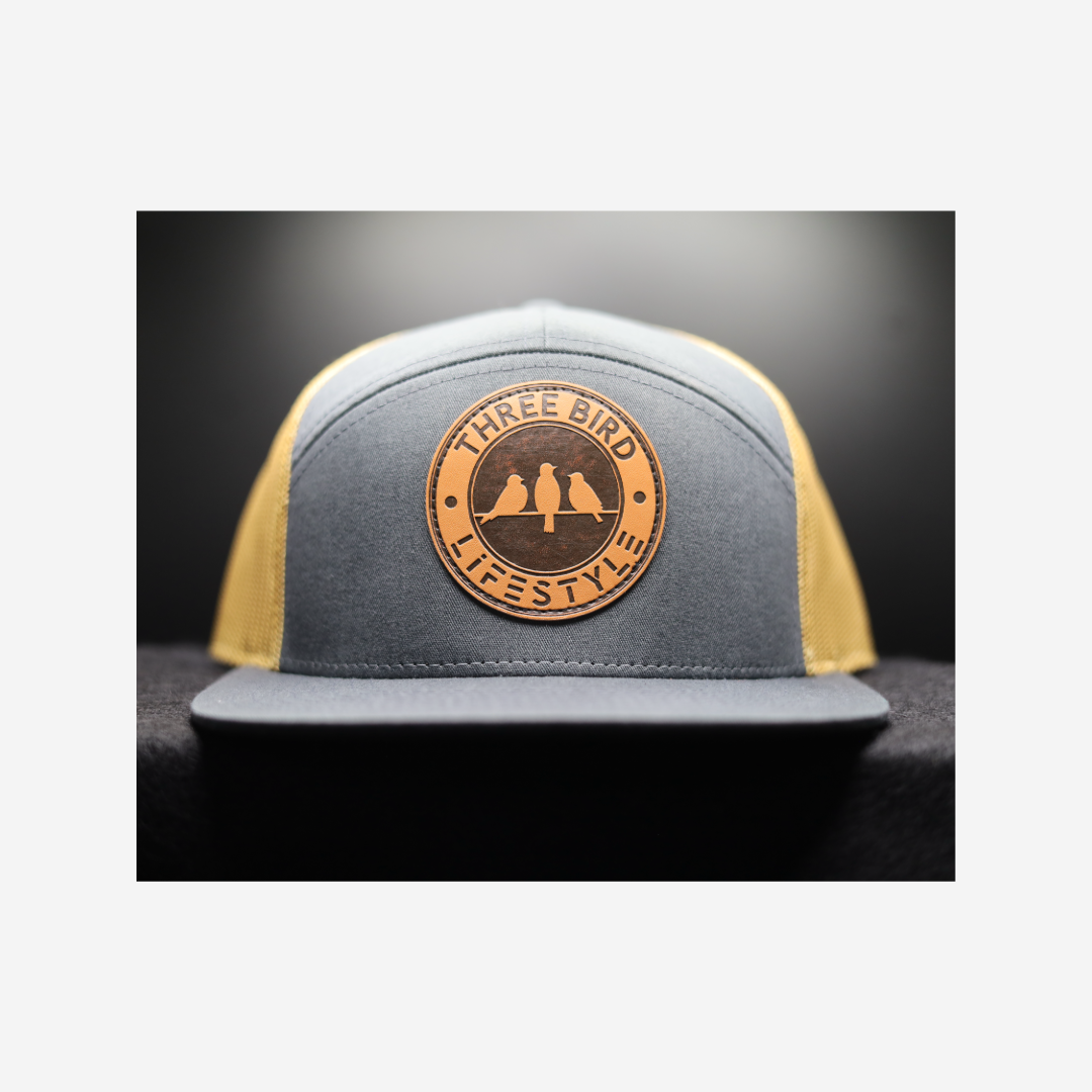 3 Bird Lifestyle Seven-Panel Trucker •Charcoal & Old Gold• 3 Bird Lifestyle Leather Patch