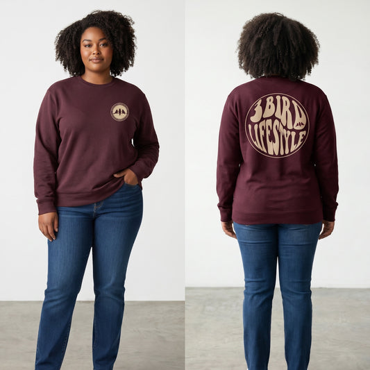3 Bird Lifestyle Crewneck Sweatshirt • Be Good To People For No Reason • Maroon and Tan
